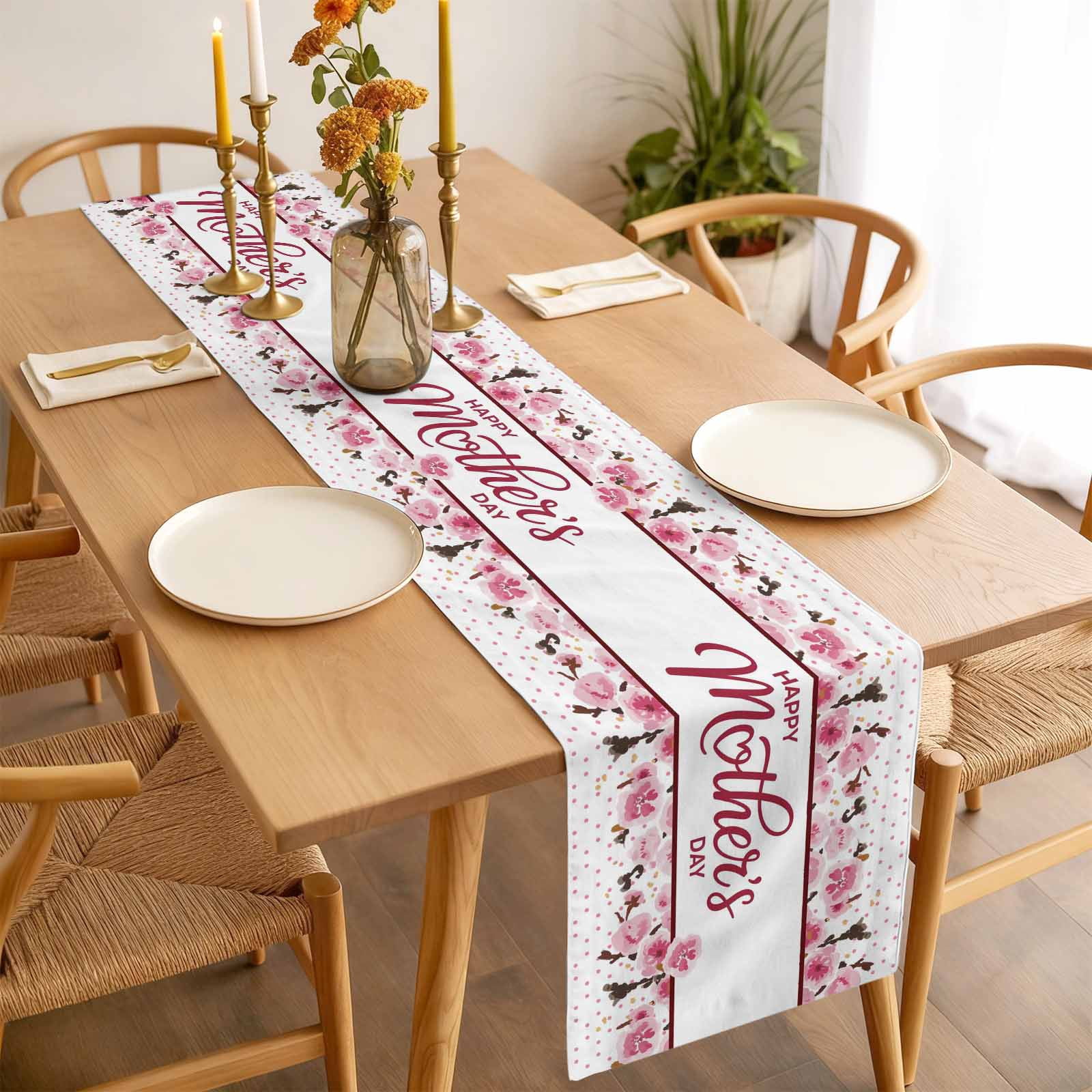 Pink Mother's Day Cotton Linen Table Runner for Dining Kitchen, Watercolor Flowers Modern Polka Dot Striped Wedding Outdoor Party Tablerunners, Dresser Scarf Coffee Tablecloth Runners 13x120 Inches