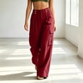 thumbnail image 5 of Favoffer Women's Faux Linen Cargo Pants Back Elastic Waist Side Pocket Button Zipper Straight Leg Pants Loose Wide Fit Bottom for Work Camping Travel, 5 of 8