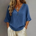 thumbnail image 2 of Lmueinov 3/4 Length Sleeve Womens Tops 100% Cotton V-Neck Casual Shirts with Button Solid Breathable Loose Fit Summer Fall Beach Vacation Loungewear, 2 of 6