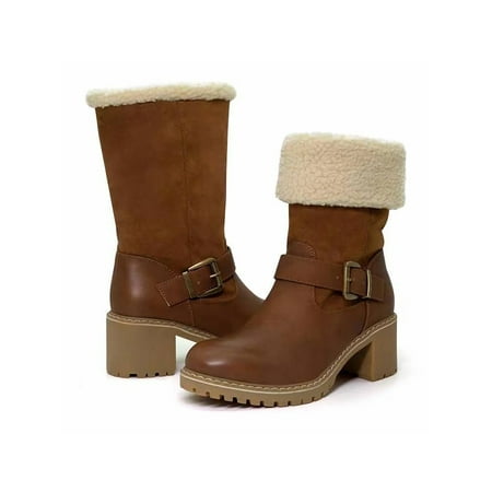 

Ritualay Women Winter Booties Faux Fur Warm Boot Mid Calf Ankle Boots Lightweight Non-slip Stacked Heel Bootie Dress Casual Pull On Shoes Light Brown 8
