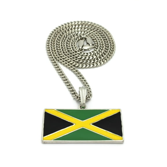 Flag of Jamaica Pendant w/ 3mm 24" Cuban Chain Necklace, Silver-Tone
