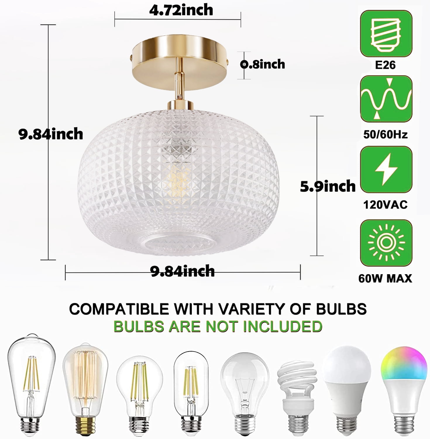 Semi Flush Mount Ceiling Light,Globe Glass Ceiling Light,Gold Light Fixture,Vintage Ceiling Light for Hallway Bedroom Kitchen Entryway Living Room