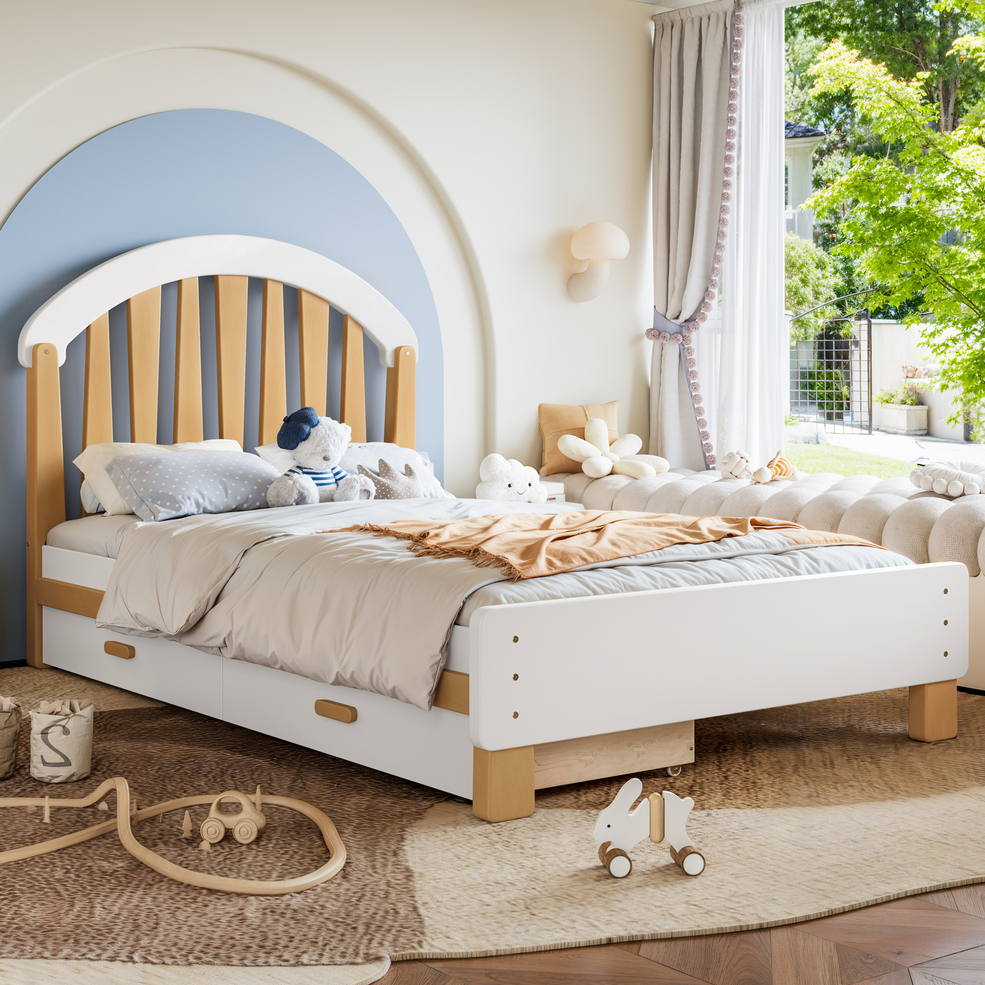 Leumius Twin Size Platformbed Frame with Storage Drawer, Wood Twin Bed Frame with Round Headboard for Bedroom White & Natural