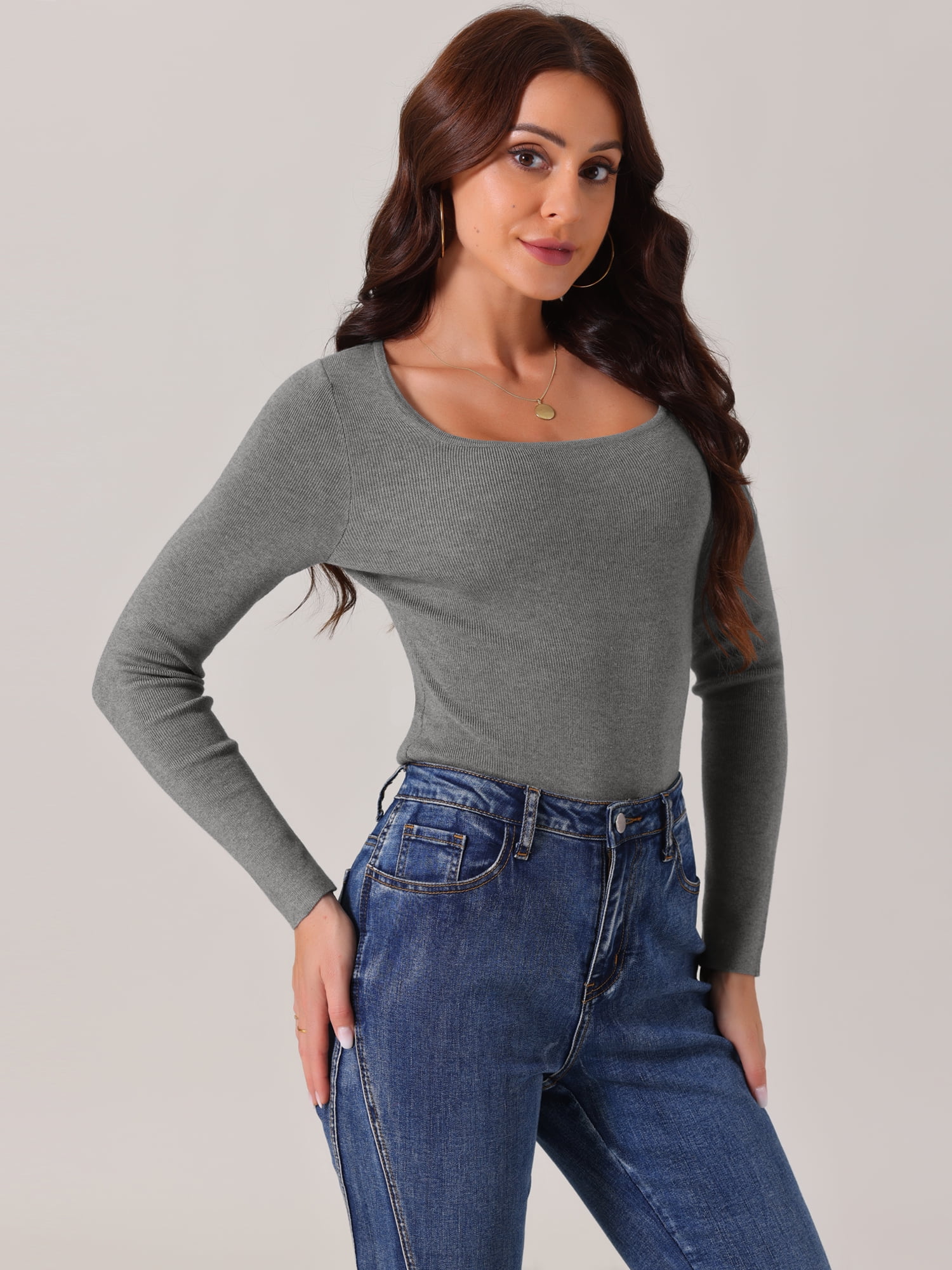DARING DIVA Square Neck Sweater Bodysuit Blouse Tops M Grey