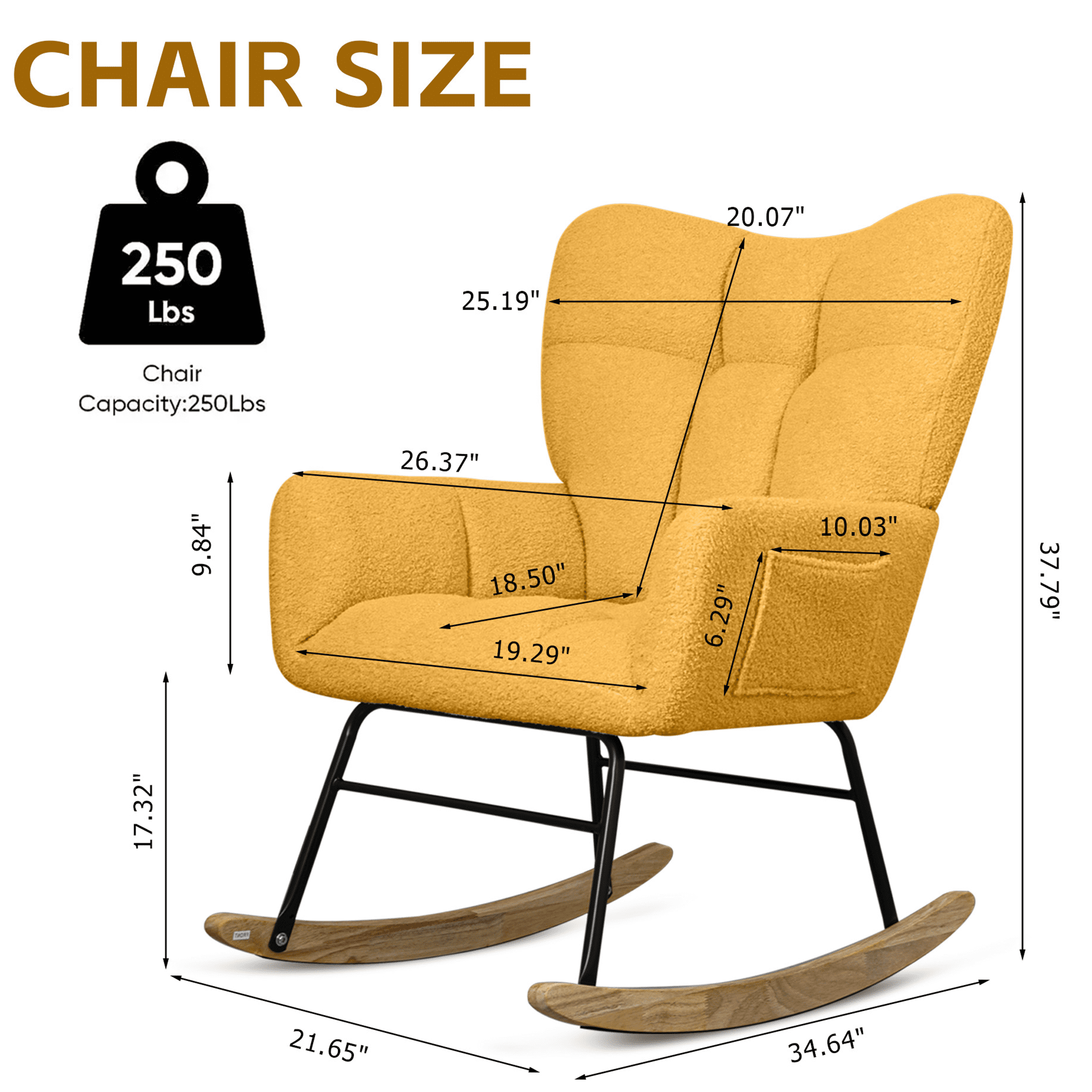 PAPROOS Modern Teddy Fabric Rocking Chair, Accent Rocker Chair with High Backrest, Accent Glider Rocker for Living Room Bedroom Playroom，Yellow