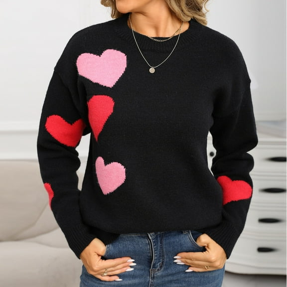 AGWOLF Crewneck Sweater for Women Casual Heart Print Knit Jumper Oversized Long Sleeve Pullover Valentine Sweaters