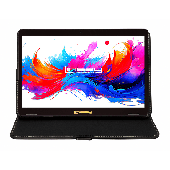LINSAY 10.1" Octa Core 256GB Storage Android 15 Tablet with Black Leather Case