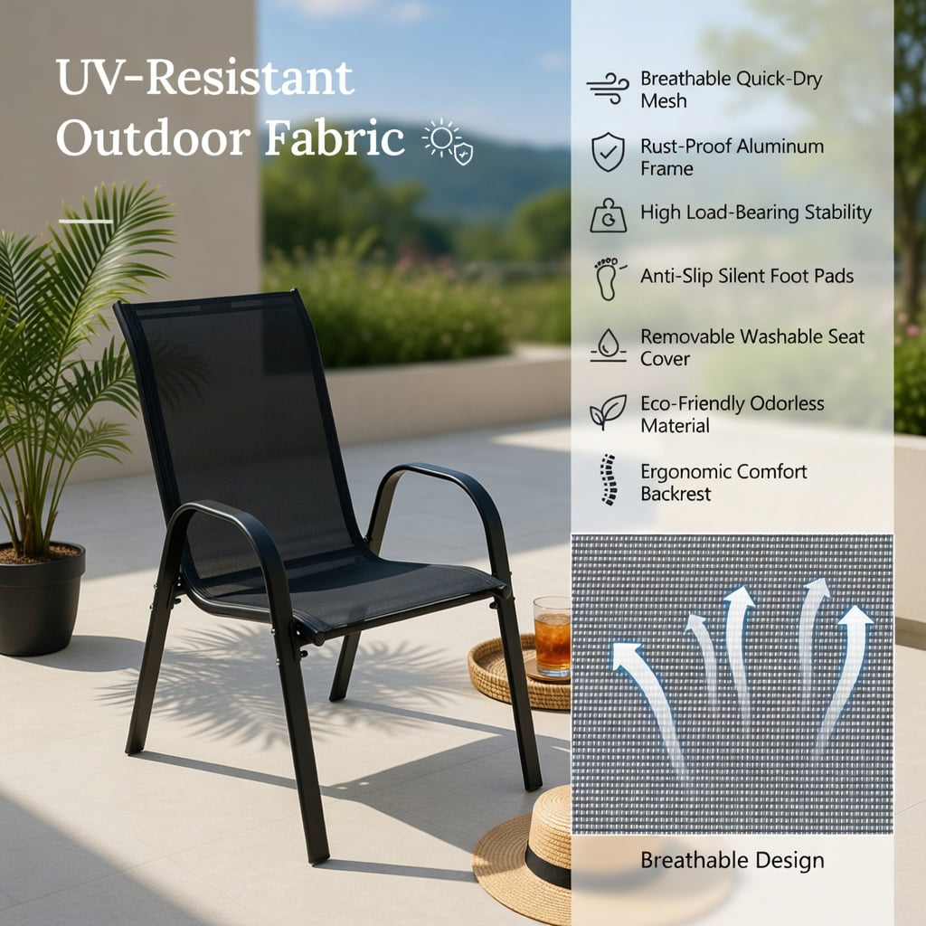 Hommoo 2-Pack Stackable Outdoor Dining Chairs with Armrests, Steel Frame, Breathable Fabric Seat, Easy Assembly Patio Chairs for Backyard or Deck, Grey