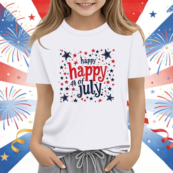 ATOGUTA Girls Graphic T-Shirt Boys Patriotic Short Sleeve 4th of July Tee Top White, Size 3T-14