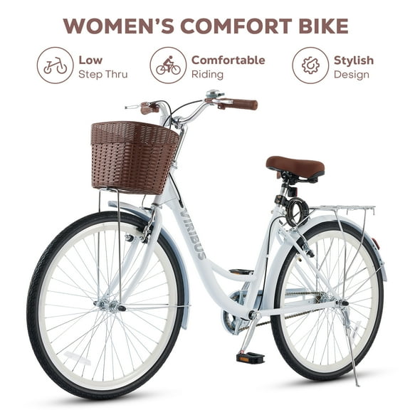 Viribus Cruiser Bike for Women, Comfort Bike 24 inch Beach & City Cruiser Bicycle with Basket Rack White
