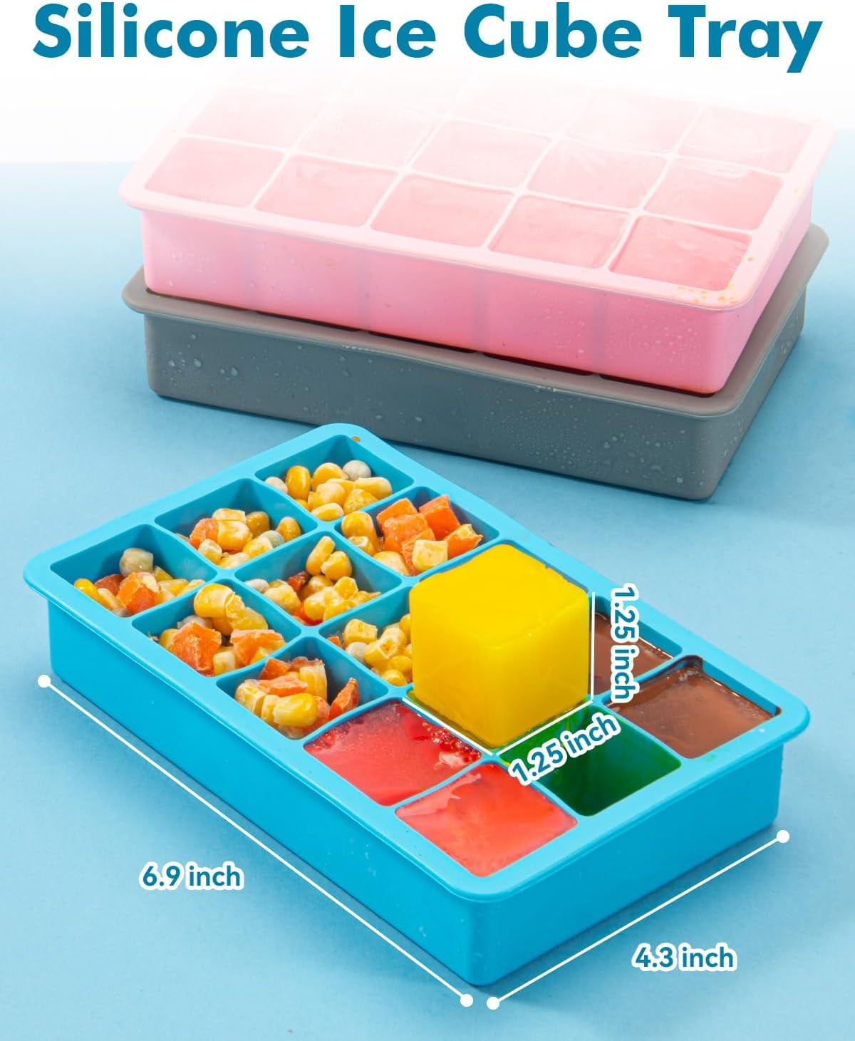 2-Pack Silicone Ice Cube Trays – 1.25" Square, 30 Cubes (15 per Tray), Easy-Release – BPA-Free – For Freezer/Cocktail/Whiskey – 5 Colors