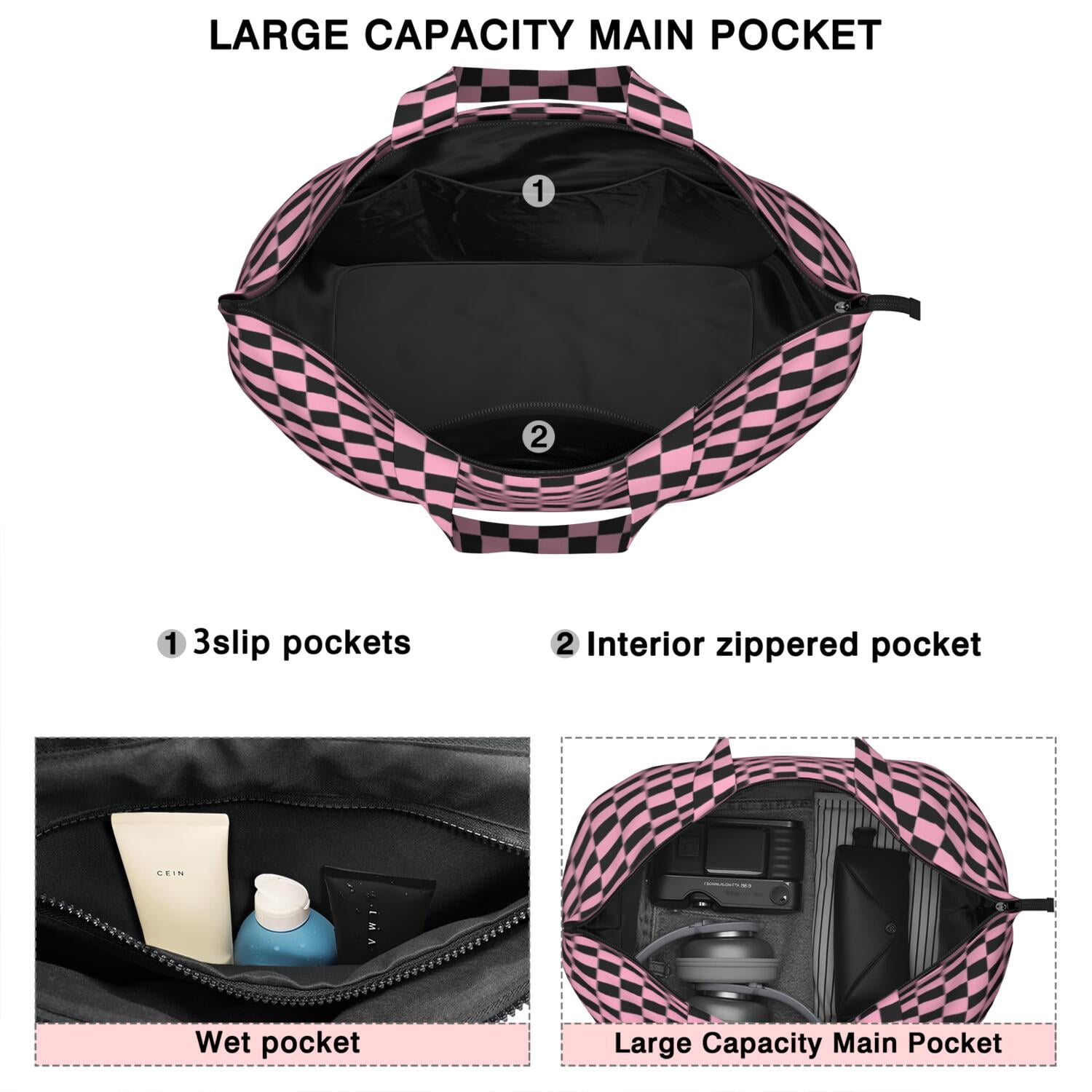 Black and Pink Checkerboard Pattern Travel Tote Bags for Women Carry On,Large Weekender Bags for Women Travel,Multi Functional Duffle Bag for Work,Shopping,Sports