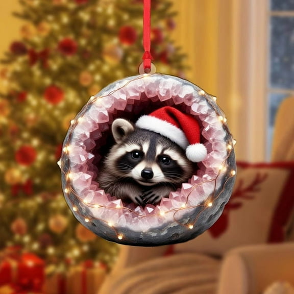 ViciArt Christmas Raccoon Ornament, Animal Xmas Tree Decor, Santa Hat in Geode with LED Lights