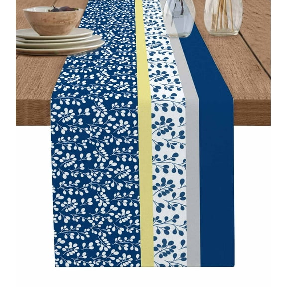 Table Runners 36 Inches Long Dress Scarves, Blue Yellow Farmhouse Kitchen/Dining Table Runner, Short Coffee Tablerunners, Botanical Floral Motifs Wildflower Striped 13x36 Inch