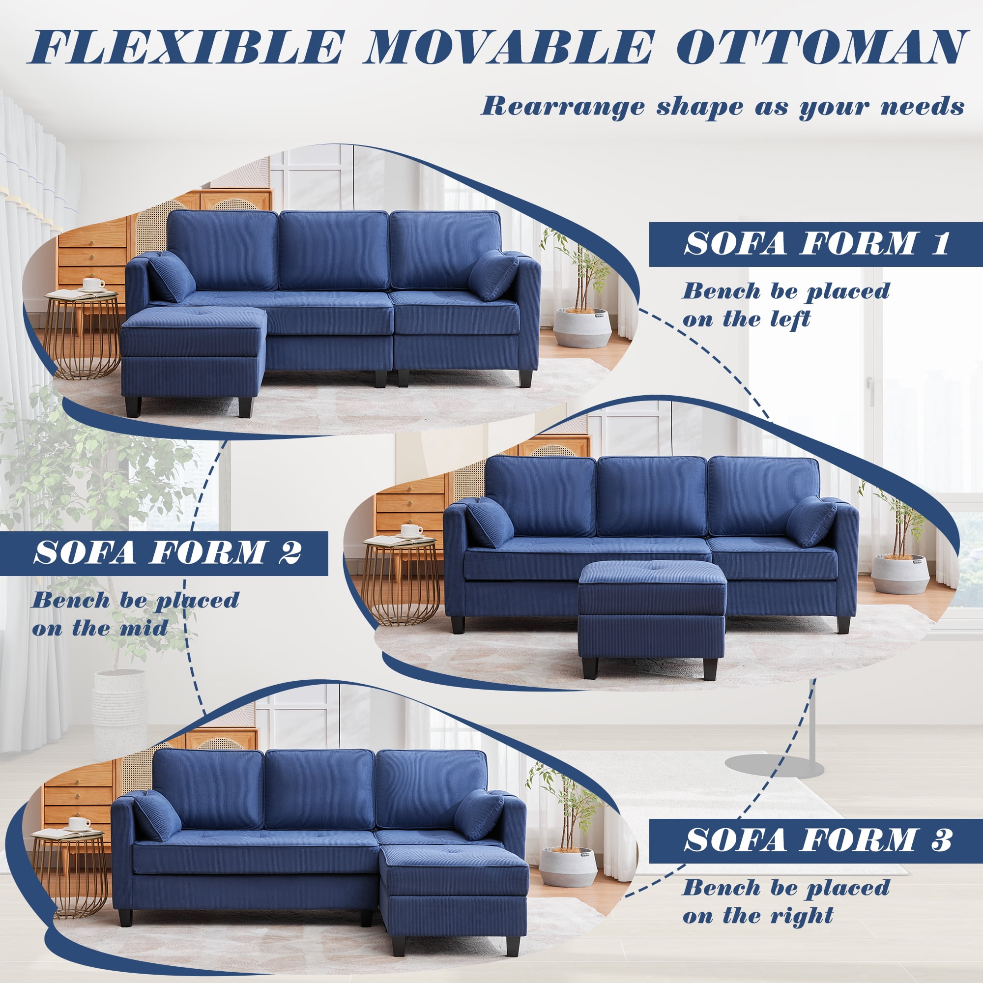 Magic Union Convertible Sectional Couches for Living Room- Small Space Couches L-Shaped Sofa, Corduroy Upholstered 3 Seats Sofas W/Storage Chaise, USB Ports, Side Pockets and Pillows