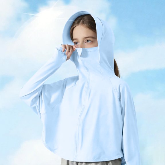 Spazoro Toddler Girls UPF 50 Sun Protection Jacket, Quick Dry Breathable Lightweight Hooded Zip Up Fashion Clothes for Outdoor Blue Size 5-6