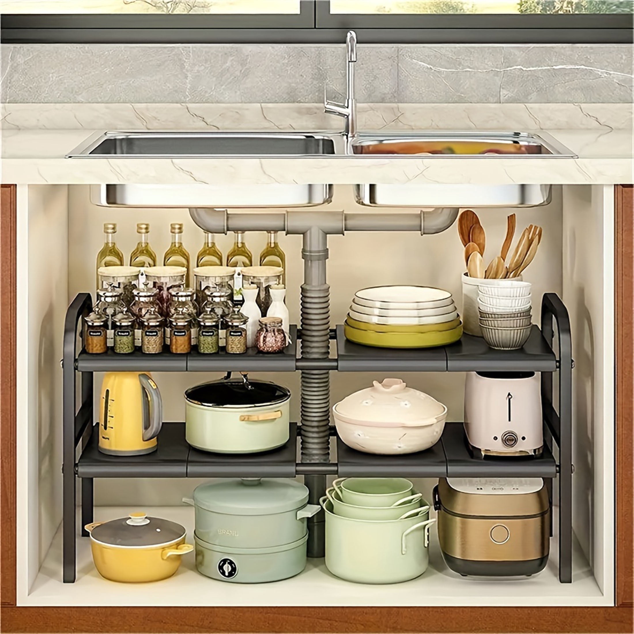 1pc Expandable Under Sink Organizers and Storage  2 Tier Cabinet Shelf Organizer with 5 Detachable Panels 5 baskets for Under Kitchen Bathroom Sink Organizers and Storage