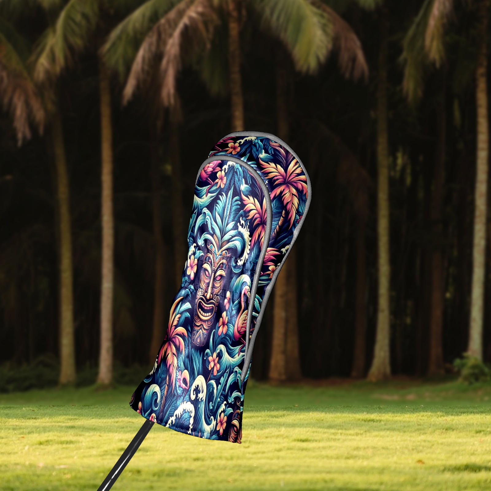 Golf Club Covers, Blue Tiki Flamingos Premium PU Leather Driver Hybrid Putter Head Covers with Velvet Lining, Waterproof Golf Gifts for Men Women