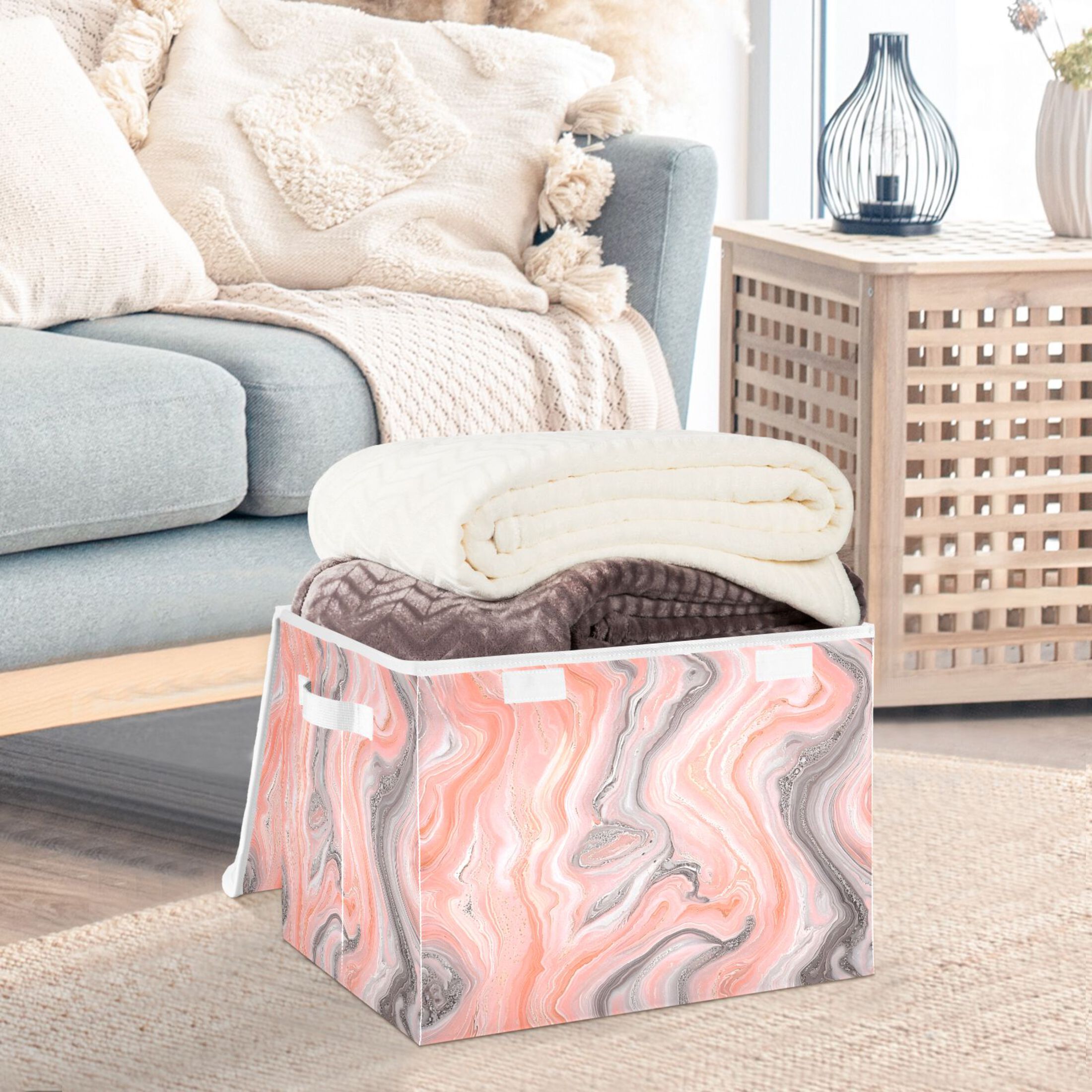 Ryvnso Marble Pink Large Lidded Foldable Storage Baskets Cubes Boxes Lids Bin for Home