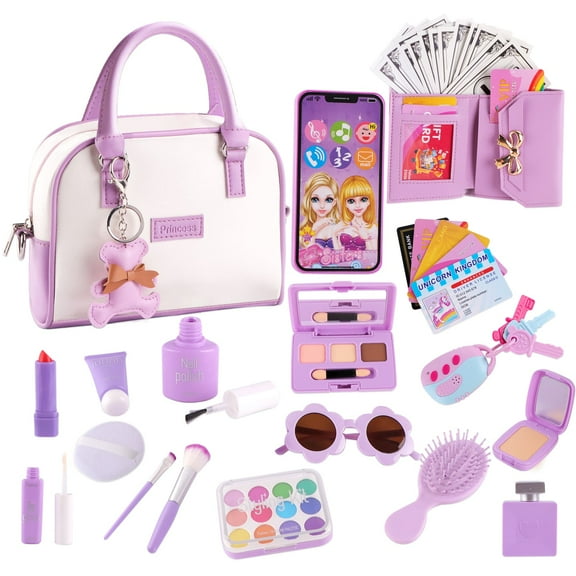 GLUAAE 37 Pcs Kids Play Purse for Little Girls - Pretend Makeup Set with Handbag, Toy Phone & Wallet, Princess Dress Up Toys for Ages 3-8