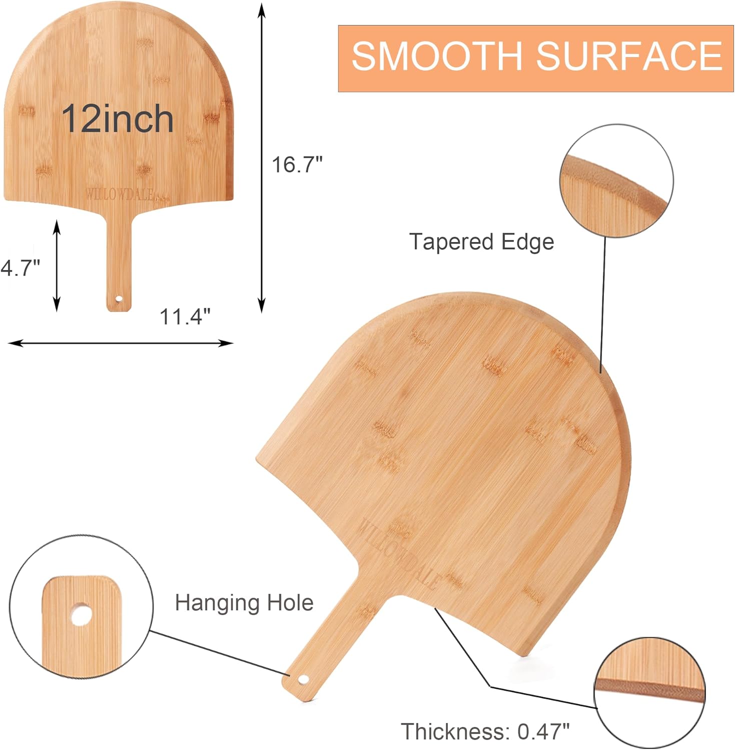 RGHJAR-12 Inch Wood Pizza Peel, 2pcs Kitchen Bamboo Pizza Paddle Spatula, Large Pizza Oven Accessories for Baking with Handle, Wooden Cutting Serving Board for Cheese Bread Pie Fruit Vegetable