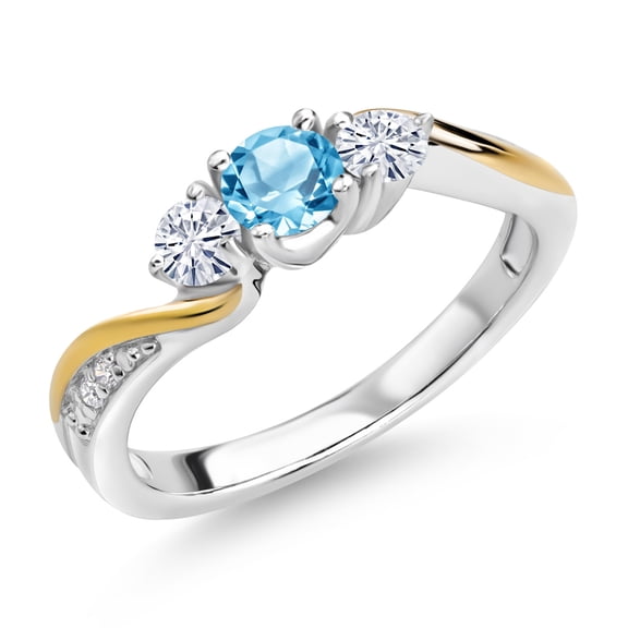 Gem Stone King 925 Silver and 10K Yellow Gold Swiss Blue Topaz White Moissanite and White Lab Grown Diamond 3 Stone Engagement Ring for Women (0.58 Cttw, November Birthstone, Size 7)