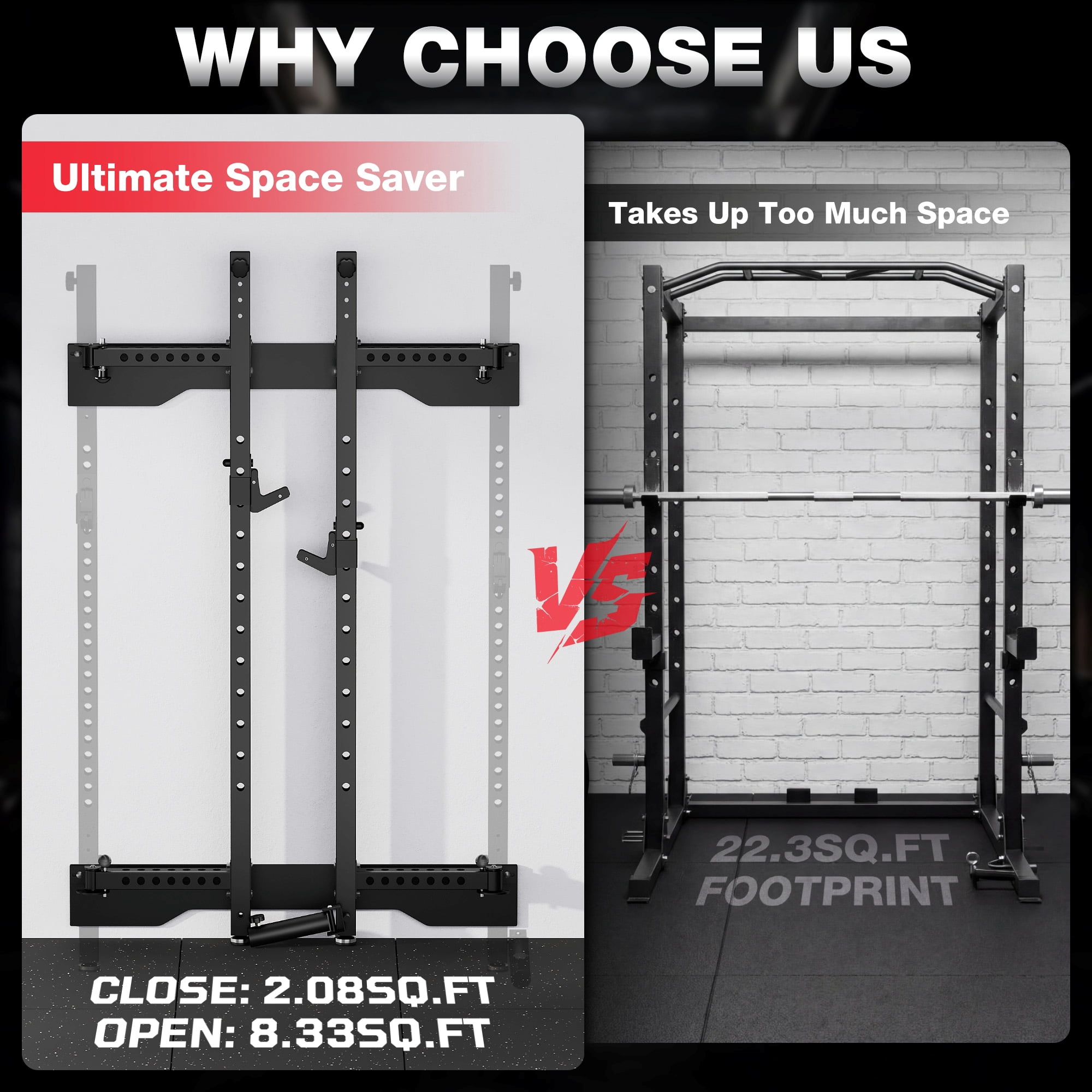 Folding Wall Mounted Squat Rack,1000 lbs Capacity Power Rack for Home Gym,Space-Saving Foldable Squat Rack with Pull-Up Bar & Landmine,Heavy-Duty 2.36" x 2.36" Steel Frame Power Cage