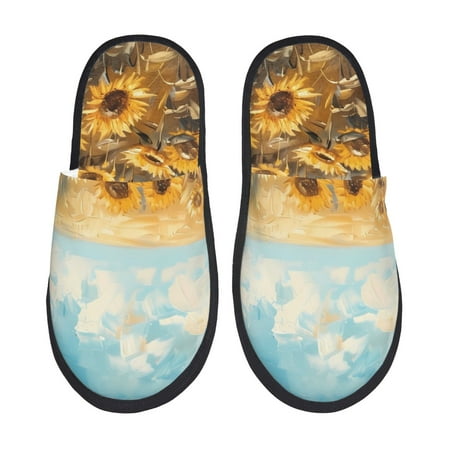 Balery Sunflower Field Bliss Slient Indoor Furry Fleece Comfort House Shoes Soft Non-Slip Home Shoes Cotton slippers House Slippers-- Large