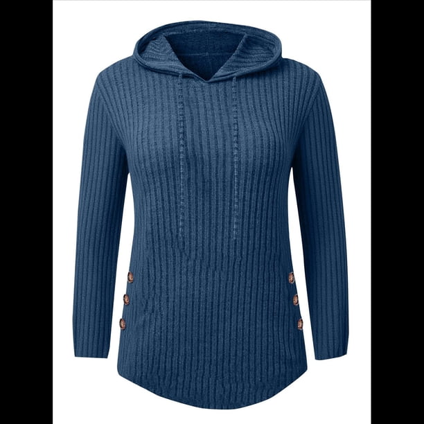 Sudadera con Capucha de Punto Acanalado Suave para Mujer, Suéter de Larga, Sudadera Ligera y Acogedora para Otoño. Azul XXL