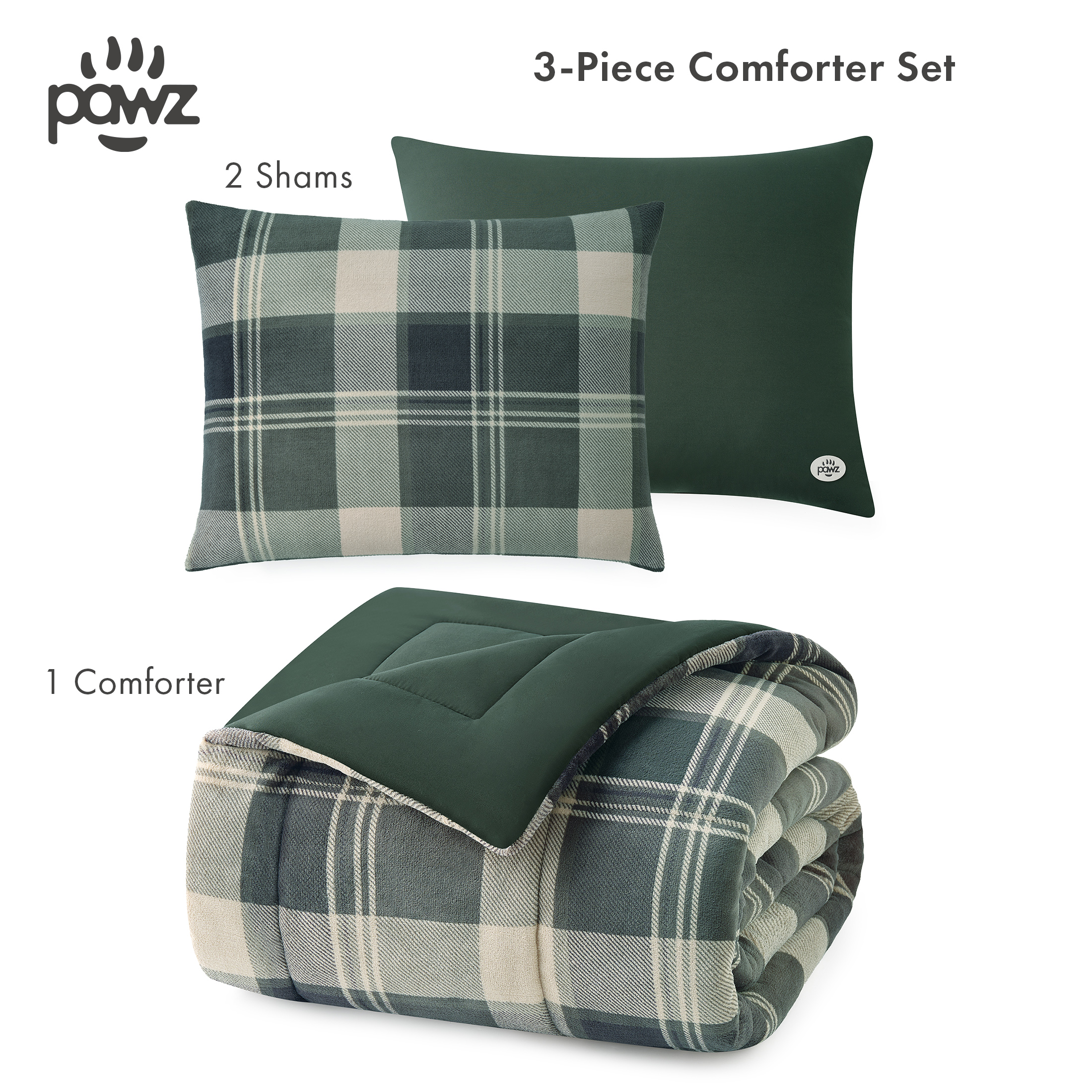 Pawz 3-Piece Fleece Comforter Set with Pillow Shams, Soft and Warm, Pine Green Plaid, King