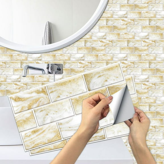 6 Piece Self Adhesive Gray Gold Marbling Tiles Stickers 11.8x5.9inch Waterproof Vinyl Wall Decals Peel and Stick Backsplash Brick Wallpaper