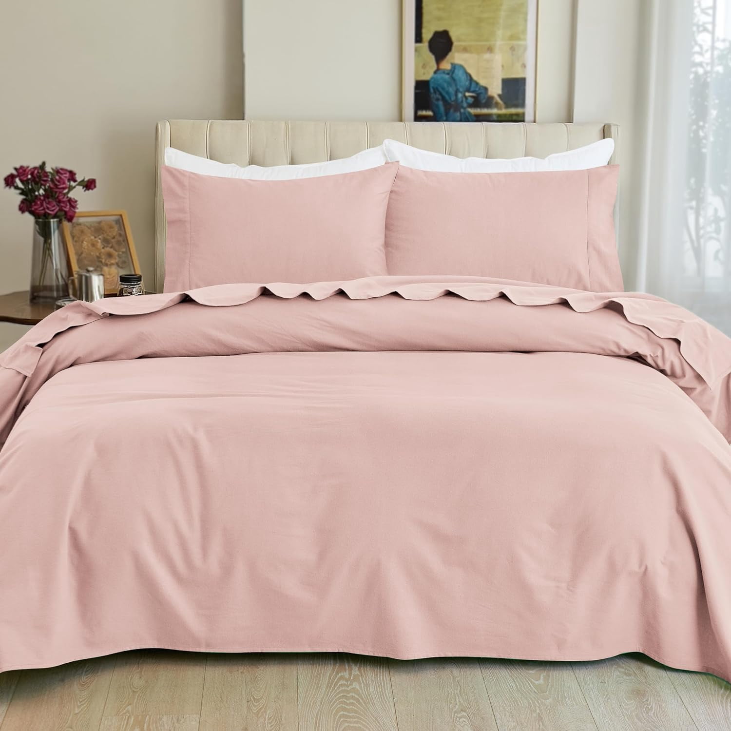 Elegant Comfort Soft 4-Piece Cotton Flannel Sheet Set -Deep Pocket Fitted Sheet, Flannel Sheets - King, Dusty Rose