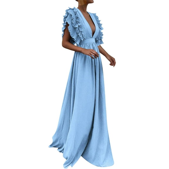 DHFJKG Women Sleeveless Wedding Guest Dress Deep V Neck Ruffle Maxi Dress Flowy A Line Party Prom Evening Gown Sexy Low Cut Stylish Dresses
