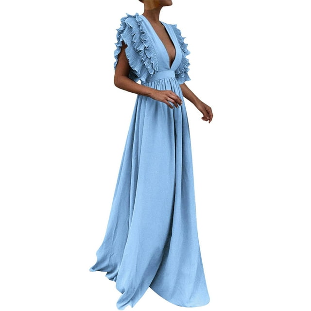 Ketyyh-chn99 Robes pour Femmes Robe de Mariée Décontractée Sans Manches Fluide Plissée Soleil Plage Bohème Élégante Évasée Robe de Soirée Bleu,G