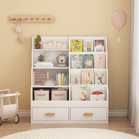 CQSXDA Kids Bookshelf with 2 Storage Drawers in White, Multi-Tier Children's Bookcase and Toy Organizer for Playroom and Nursery