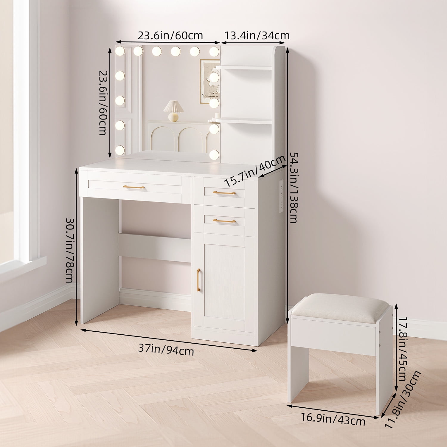 Fairy Lighted Mirror and Power Outlet Vanity Tables Table Bench Sets