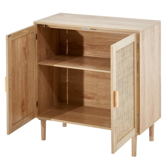 TENGDA 31.5 Natural Rattan Storage Cabinet 2 Magnetic Door Sideboard Buffet Cabinet with Adjustable Shelves for Entryway Living Room Kitchen Hallway