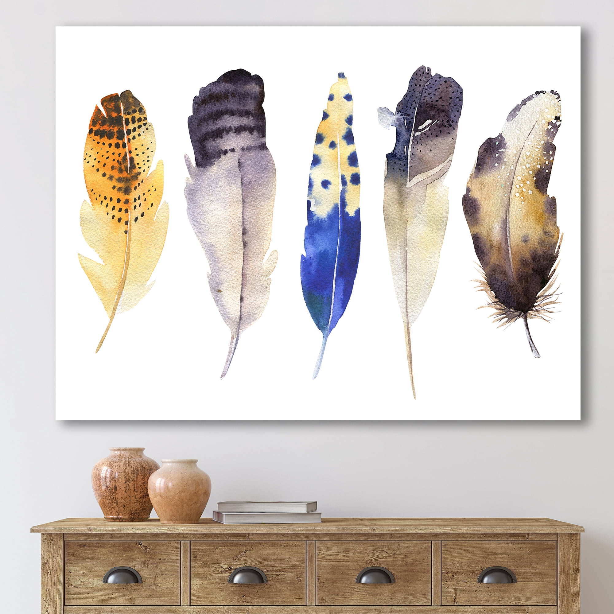 Designart ' Colourful Boho Art Feather Set I ' Bohemian & Eclectic Canvas Wall Art Print