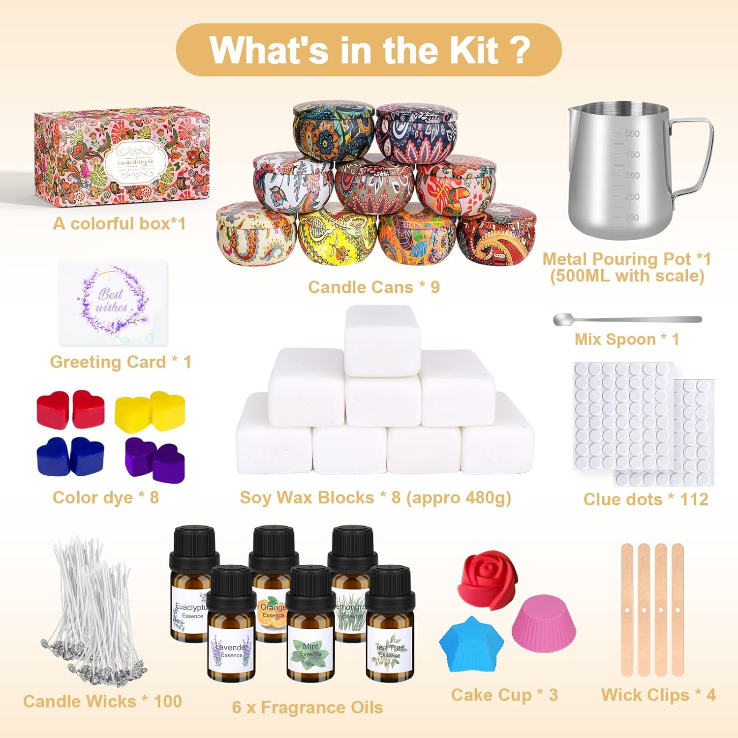 Candle Making Kit for Adult DIY Supplies Include Soy Wax Wicks Tins Essential Oils Dyes Arts & Crafts Gift Beginners Adults