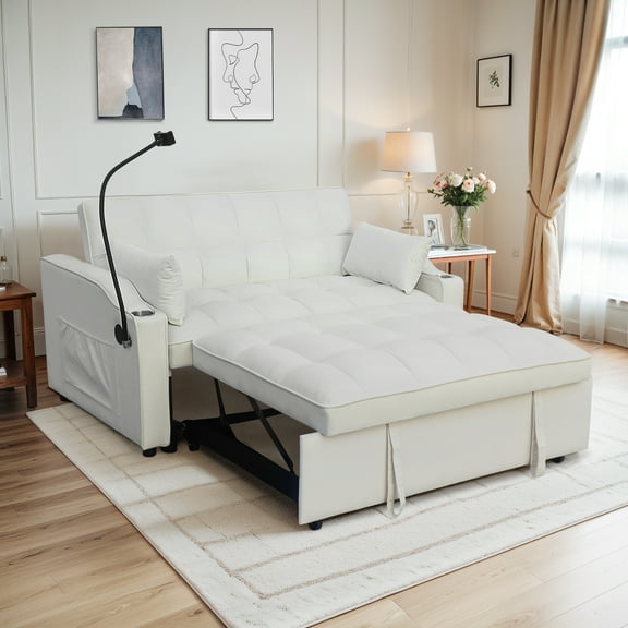 Dinosisco 3-in-1 Convertible Loveseat Sleeper, 55" Futon Sofa Bed with Phone Stand, USB, Beige Velvet