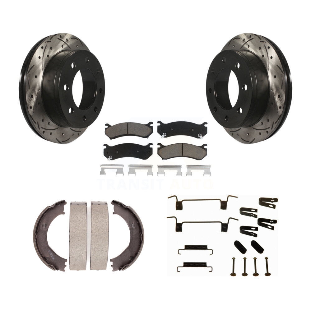 Transit Auto Rear Disc Drilled & Slotted Rotors Ceramic Pads Parking Shoes and Hardware Kit for Car Chevrolet Silverado 2500 HD GMC Sierra 1500 Hummer H2 Suburban Yukon XL Classic Avalanche KDC-101556