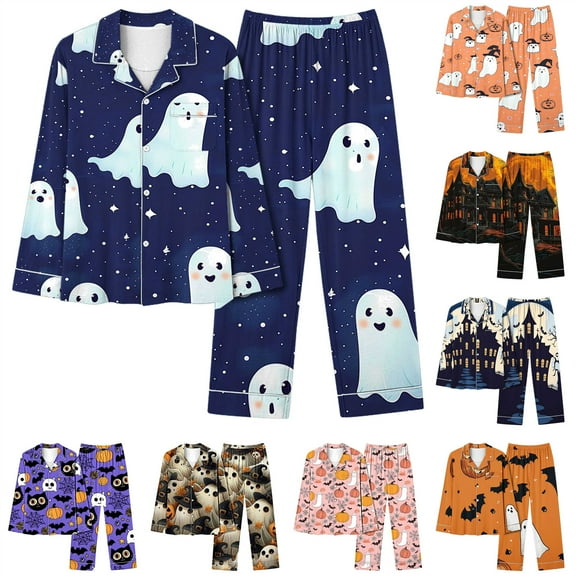 QIUOMBBP Women's Pajamas Halloween Turndown Collar Pockets Shirts and Pants 2 Piece Lounge Sets Novelty Graphic Sleepwear Outfits, Yellow, XXXL
