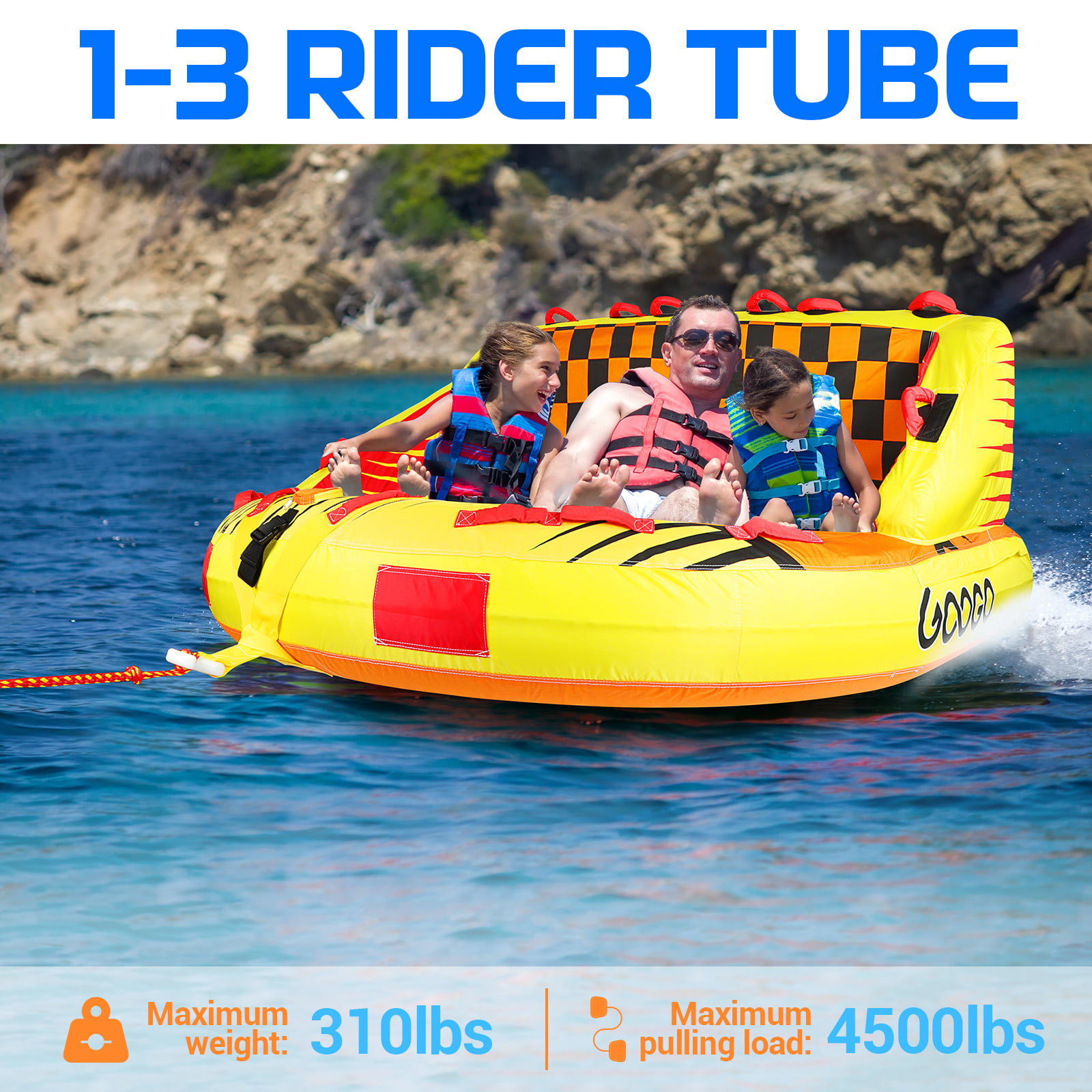 Inflatable Water Sports Towable Tube with EVA Foam Seat Pads Tow Rope for Kids Adults Dual Tow Points Speed Safety Valve GOOGO 2/3/4 Person Towable Tube for Boating PVC Bladder Grip Handles 