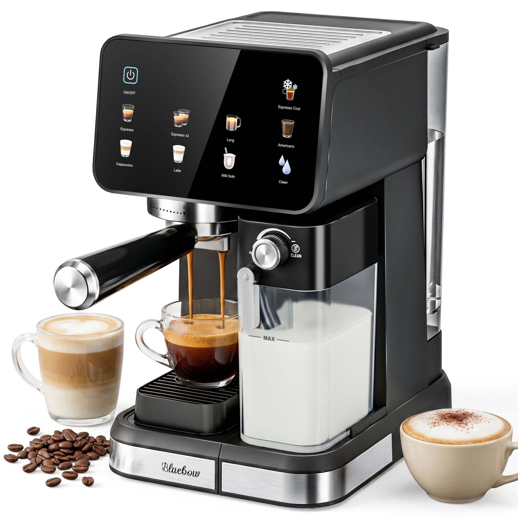Bluebow Espresso Machine with Color Touchscreen, 20 Bar Espresso Maker with Automatic Milk Frother, Coffee Maker for Home - Cold Brew Cappuccino Latte Americano, 1350W