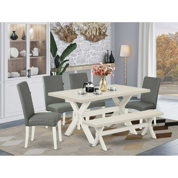 East West Furniture 6-Pc Kitchen Dinette Set-Gray Smoke Linen Fabric Seat and Stylish Chair Back Kitchen chairs, a Rectangular Bench and Rectangular Top Modern Dining Table with Wood Legs - Linen...