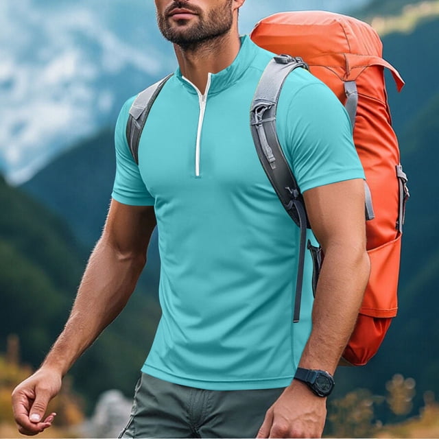 Blusa y camisa de manga corta con cuello alto para hombre, de verano, de color liso, ajustada, deportiva, con cremallera, de manga corta, con cuello alto.