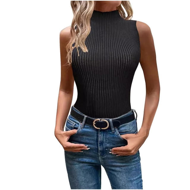 Posijego Débardeurs à Col Roulé pour Femmes Gilet Tricoté Sans Manches Printemps Été pour Femmes