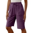thumbnail image 2 of Bermuda Shorts for Women Knee Length Cotton Linen Elastic Waist Straight Leg Relaxed Fit Casual Shorts with Pockets, 2 of 6