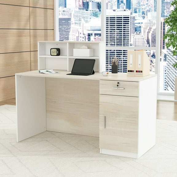 KULAGAGA Home Office Computer Writing Desk, Multipurpose Reception Desk with Drawer and Open Shelf