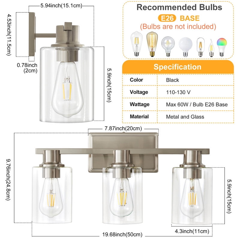 Deyidn 3-Light Modern Vanity Light - Wall Mounted Bathroom Mirror Lighting with Glass Shade, Farmhouse Style for Bedroom/Dressing Room